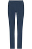 A pair of navy ladies' pants with a slim fit and side pockets, featuring a logo on the waistband.
