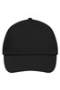A black 5 panel promo cap featuring a curved brim and a plain design, with a logo.