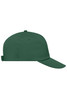 A green 5 panel cap with an adjustable strap at the back and a logo on the front.