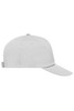 A grey five-panel cap featuring a flat brim and an adjustable strap at the back. It includes a logo.