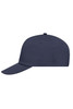 A navy blue 5 panel cap with a curved peak and a smooth surface, featuring a logo on the front.