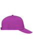 A purple 5 panel cap with a curved brim and an adjustable strap at the back, featuring a logo.