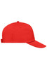 A red 5 panel cap featuring a logo, with a structured front and adjustable strap at the back.