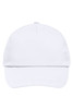 A white 5 panel promotional cap with a soft crown and a curved visor, featuring a logo.