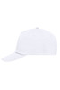 A white 5-panel promotional cap with a curved brim and a rear adjustment strap. It features a logo on the front.