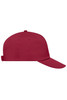 A red 5-panel promotional cap with an adjustable strap and a logo on the front.