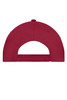 A red 5 panel cap featuring a rear adjustable strap and a logo design on the back.