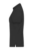 A black ladies mercerised polo shirt with a fitted design and short sleeves. It features a collar and has a logo.