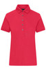 A red ladies' polo shirt with a collar and buttons, featuring a logo on the chest.