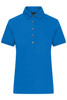 A blue ladies' polo shirt featuring a collar and button placket, with a logo on the chest.