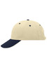 A beige and navy 6-panel sandwich cap featuring a logo on the side and ventilation holes on the top.