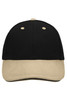 A 6 panel sandwich cap featuring a black top and a beige brim, with a logo on the front.