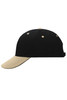 A black and beige 6 Panel Sandwich Cap with a curved brim and a logo on the side.
