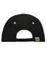 A black 6 panel sandwich cap with a contrasting band and an adjustable strap at the back. It features a logo.