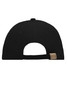 A black 6 Panel Sandwich Cap featuring a curved brim and an adjustable strap at the back. Includes a logo.