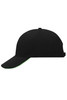 A black 6 panel sandwich cap with a green underside on the brim and a logo on the side.