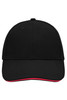 A black 6 panel sandwich cap featuring a red underside and a logo on the front.