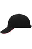 A black 6 panel sandwich cap with a red underside to the brim. Features a logo on the front.