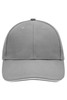 A grey 6-panel sandwich cap featuring a rounded crown and a logo on the front.