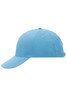 A light blue 6 panel sandwich cap with a curved peak and an adjustable strap at the back. Features a logo.