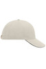 A beige 6 panel sandwich cap with a curved brim and a branding logo on the side.