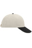 A beige 6-panel sandwich cap with a black peak and an adjustable strap at the back. It features a small logo.