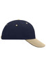 A 6-panel sandwich cap featuring a navy body and a beige peak, complete with a logo on the side.