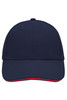 A navy blue six-panel sandwich cap with a red underbrim and a logo on the front.