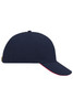 A navy blue 6 Panel Sandwich Cap with a contrasting red peak and a logo on the side.
