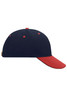 A navy blue and red 6 panel sandwich cap with a curved brim and a branding logo on the side.