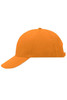 An orange 6 panel sandwich cap with a curved visor and an adjustable strap at the back, featuring a logo.