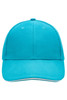 A turquoise 6 panel sandwich cap with a rounded crown and a curved brim, featuring a logo.