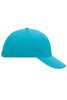A vibrant turquoise 6 panel sandwich cap with a curved brim and a branding logo on the side.