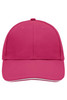 A pink 6 panel sandwich cap with a curved brim, featuring a brand logo on the front.