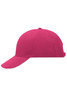 A pink 6 panel sandwich cap with a curved brim and a logo on the front. The cap has an adjustable strap at the back.
