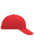 A red 6 panel sandwich cap featuring a logo, with a curved brim and adjustable back strap.