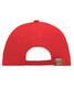 A red 6-panel sandwich cap with a strap closure and a branding logo at the back.