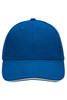 A blue 6 panel sandwich cap with a structured front and a curved brim. It features a logo on the front.