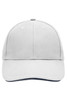 A grey 6 panel sandwich cap with a curved brim and a logo on the front.
