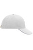 A white six-panel sandwich cap featuring a curved brim and a logo tag on the side.
