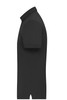 A black men’s mercerised polo shirt viewed from the side, featuring a collar and short sleeves. It has a logo.