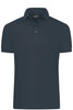 A navy blue men's mercerised polo shirt featuring a classic collar and short sleeves. It has a logo on the chest.
