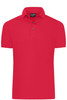 A red men's mercerised polo shirt, featuring a two-button placket and a collar. It has a logo on the design.