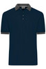 A navy blue men's polo shirt with grey accents on the collar and sleeves, featuring a logo.