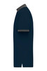 A navy men's polo shirt with a grey collar and cuffs, featuring a logo on the chest.
