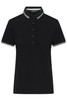 A black ladies polo shirt with a collar and buttons, featuring contrasting white stripes. It has a logo on the chest.