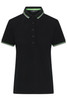 A black ladies polo shirt with a collar and buttons, featuring green and white trim. Includes a logo.