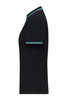 A black ladies polo shirt featuring contrasting trim on the collar and sleeves, with a logo on the chest.