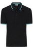 A black men's polo shirt with contrasting blue and green stripes on the collar and sleeves. It features a logo on the chest.