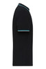 A black polo shirt featuring a contrasting collar and sleeve stripes, with a logo on the chest.